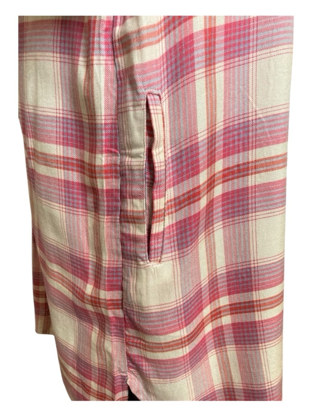 Elan Plaid Shirt Dress Medium Pink Roll Tab Sleeve Pocket Tunic Coastal Vacation - Picture 9 of 10
